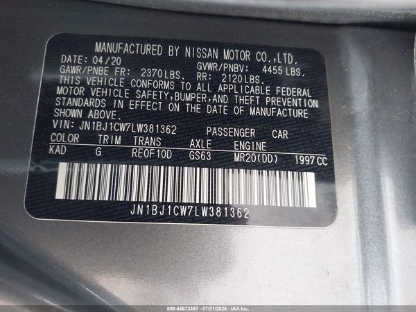 2020 NISSAN ROGUE SPORT SV AWD XTRONIC CVT — I9