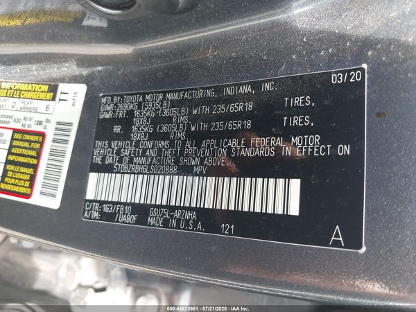 2020 TOYOTA HIGHLANDER LE