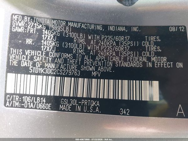 2012 TOYOTA SIENNA XLE V6 8 PASSENGER
