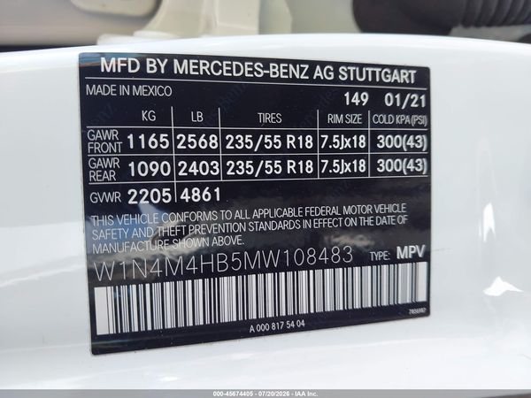 2021 MERCEDES-BENZ GLB 250 4MATIC — I9