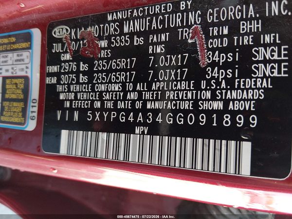2016 KIA SORENTO 2.4L LX