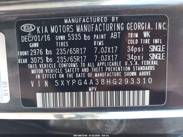 2017 KIA SORENTO 2.4L LX