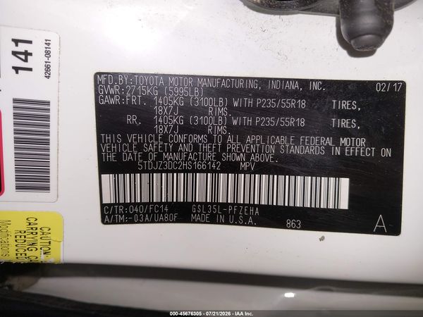 2017 TOYOTA SIENNA LE 7 PASSENGER — I9