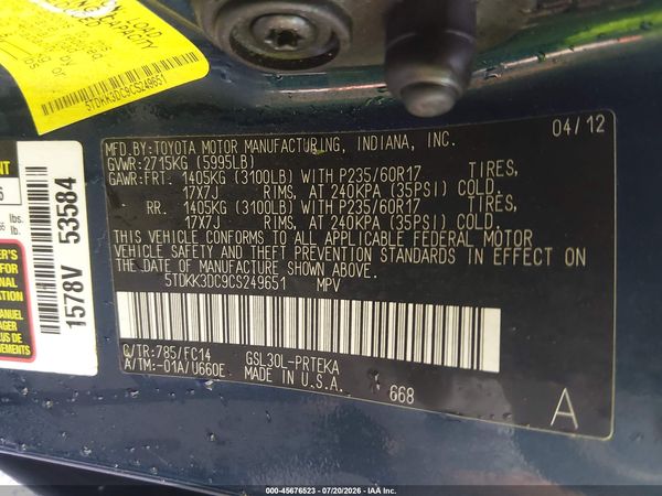 2012 TOYOTA SIENNA LE V6 8 PASSENGER