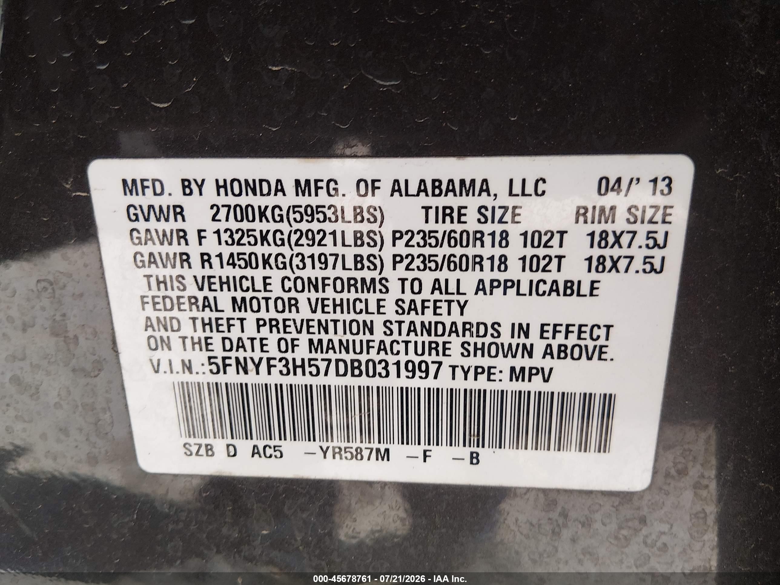 2013 HONDA PILOT EX-L