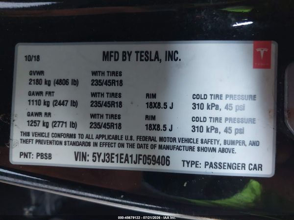 2018 TESLA MODEL 3 LONG RANGE/MID RANGE