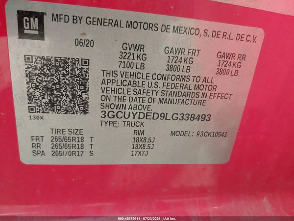 2020 CHEVROLET SILVERADO 1500 4WD  SHORT BED LT — I9