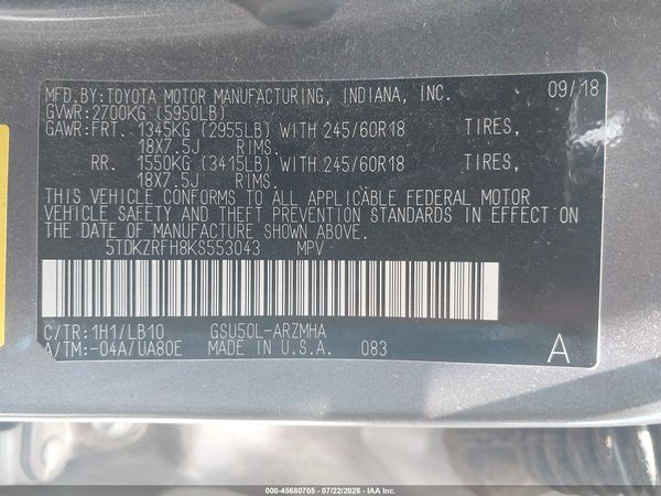 2019 TOYOTA HIGHLANDER XLE