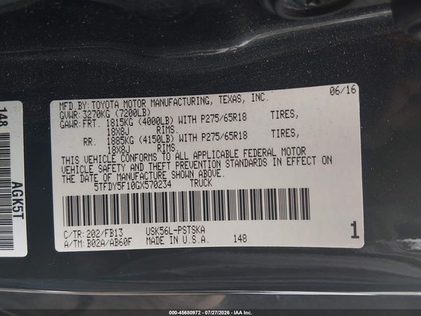 2016 TOYOTA TUNDRA SR5 5.7L V8