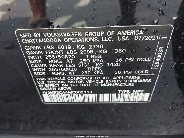 2021 VOLKSWAGEN ATLAS 3.6L V6 SE W/TECHNOLOGY — I9