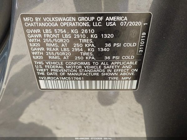 2021 VOLKSWAGEN ATLAS 3.6L V6 SE W/TECHNOLOGY — I9