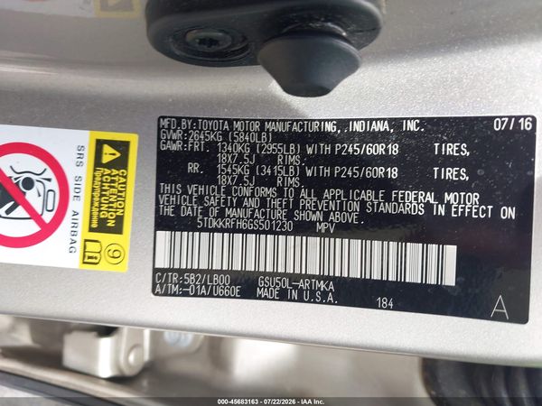 2016 TOYOTA HIGHLANDER XLE V6