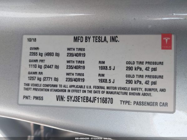 2018 TESLA MODEL 3 LONG RANGE/PERFORMANCE