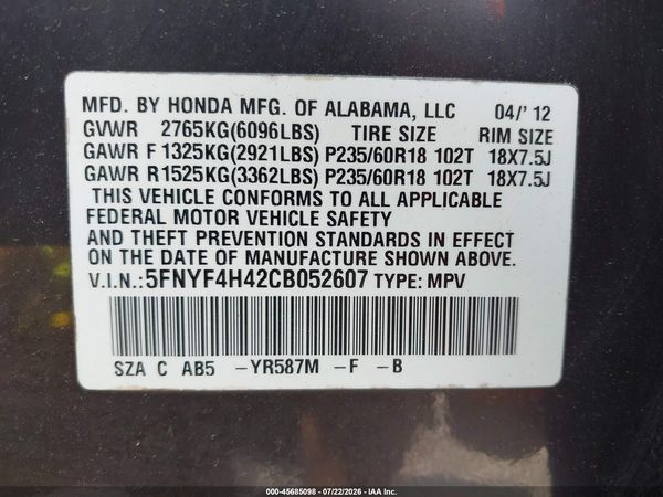 2012 HONDA PILOT EX