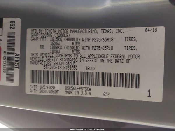 2018 TOYOTA TUNDRA SR5 5.7L V8