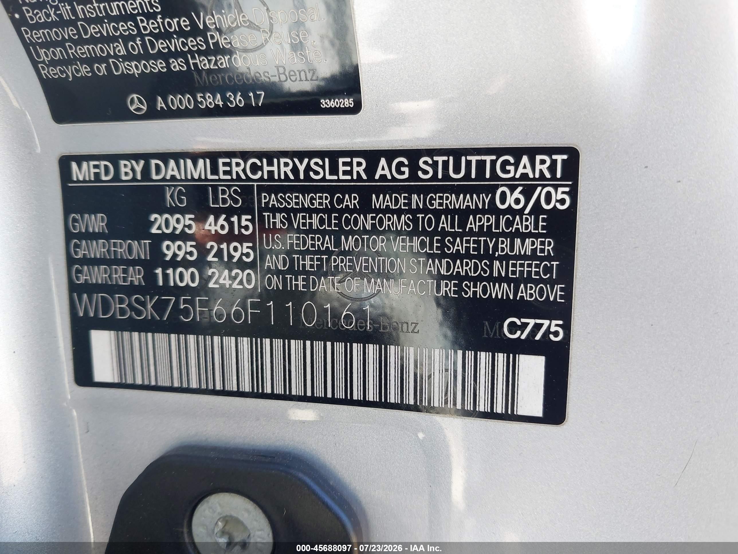 2006 MERCEDES-BENZ SL 500 SL500