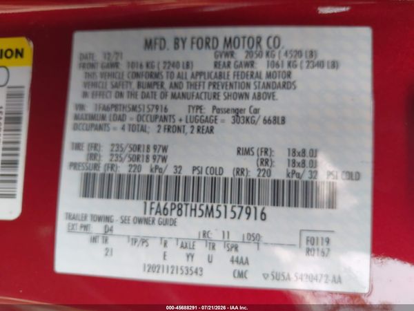 2021 FORD MUSTANG ECOBOOST FASTBACK