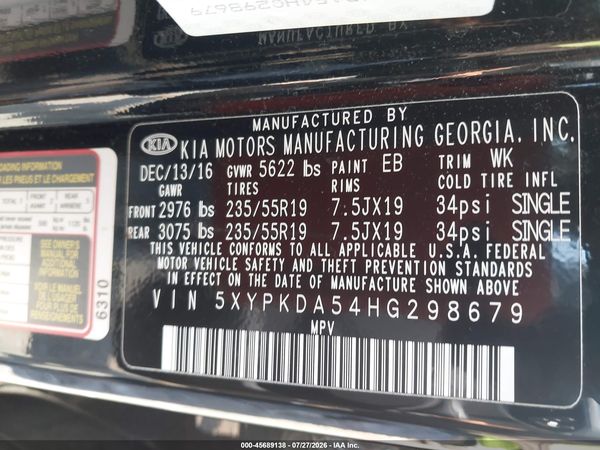 2017 KIA SORENTO 3.3L SX