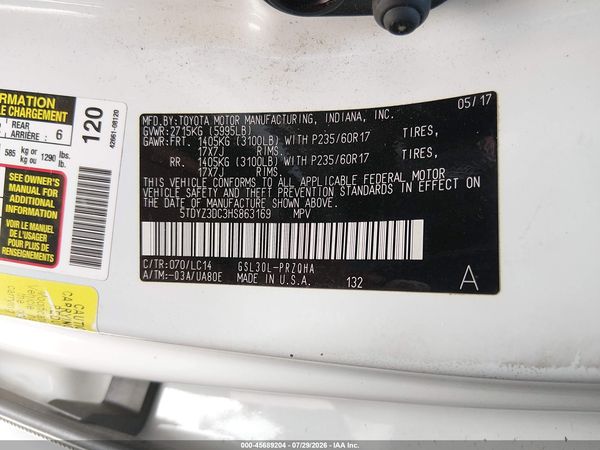 2017 TOYOTA SIENNA XLE 8 PASSENGER