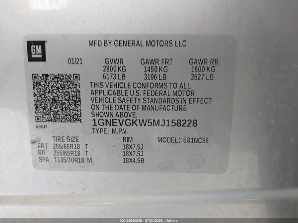 2021 CHEVROLET TRAVERSE AWD LT CLOTH — I9