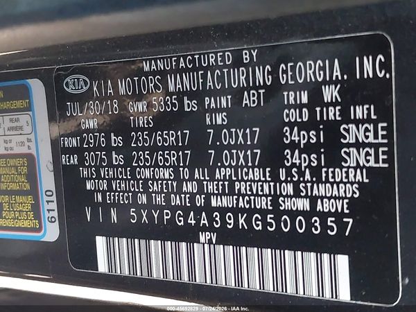 2019 KIA SORENTO 2.4L LX