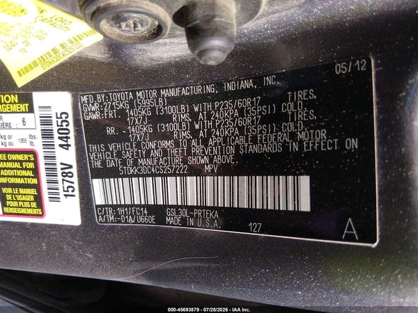 2012 TOYOTA SIENNA LE V6 8 PASSENGER