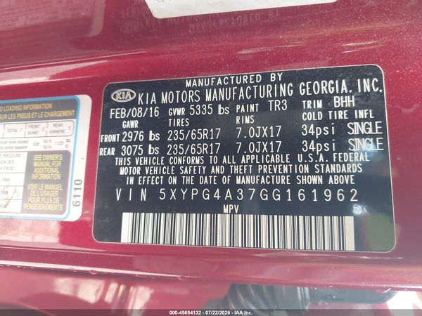 2016 KIA SORENTO 2.4L LX