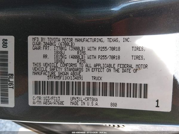 2019 TOYOTA TUNDRA SR5 4.6L V8