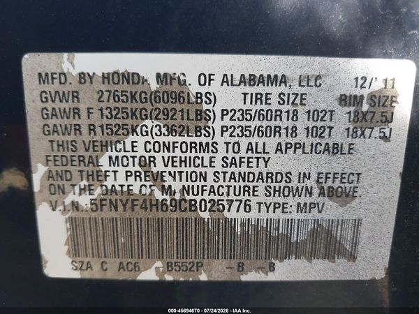 2012 HONDA PILOT EX-L