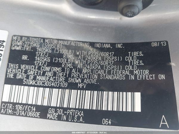 2013 TOYOTA SIENNA LE V6 8 PASSENGER