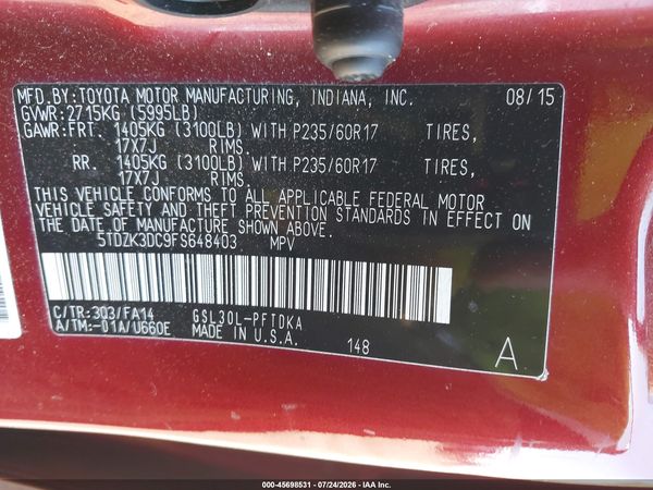 2015 TOYOTA SIENNA L 7 PASSENGER
