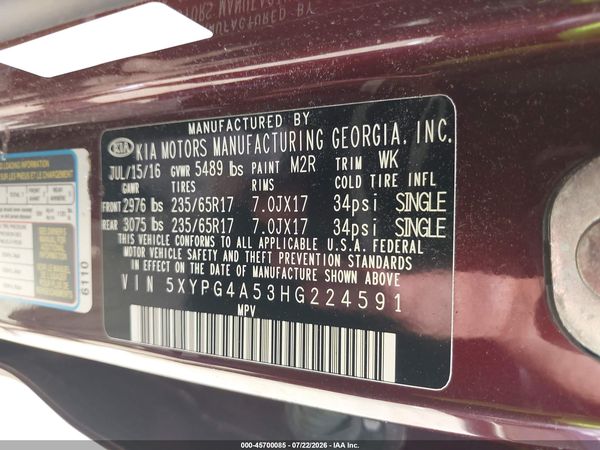 2017 KIA SORENTO 3.3L LX