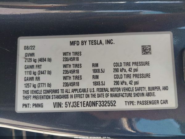 2022 TESLA MODEL 3 REAR-WHEEL DRIVE