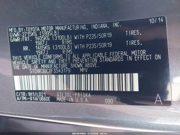 2015 TOYOTA SIENNA SE 8 PASSENGER