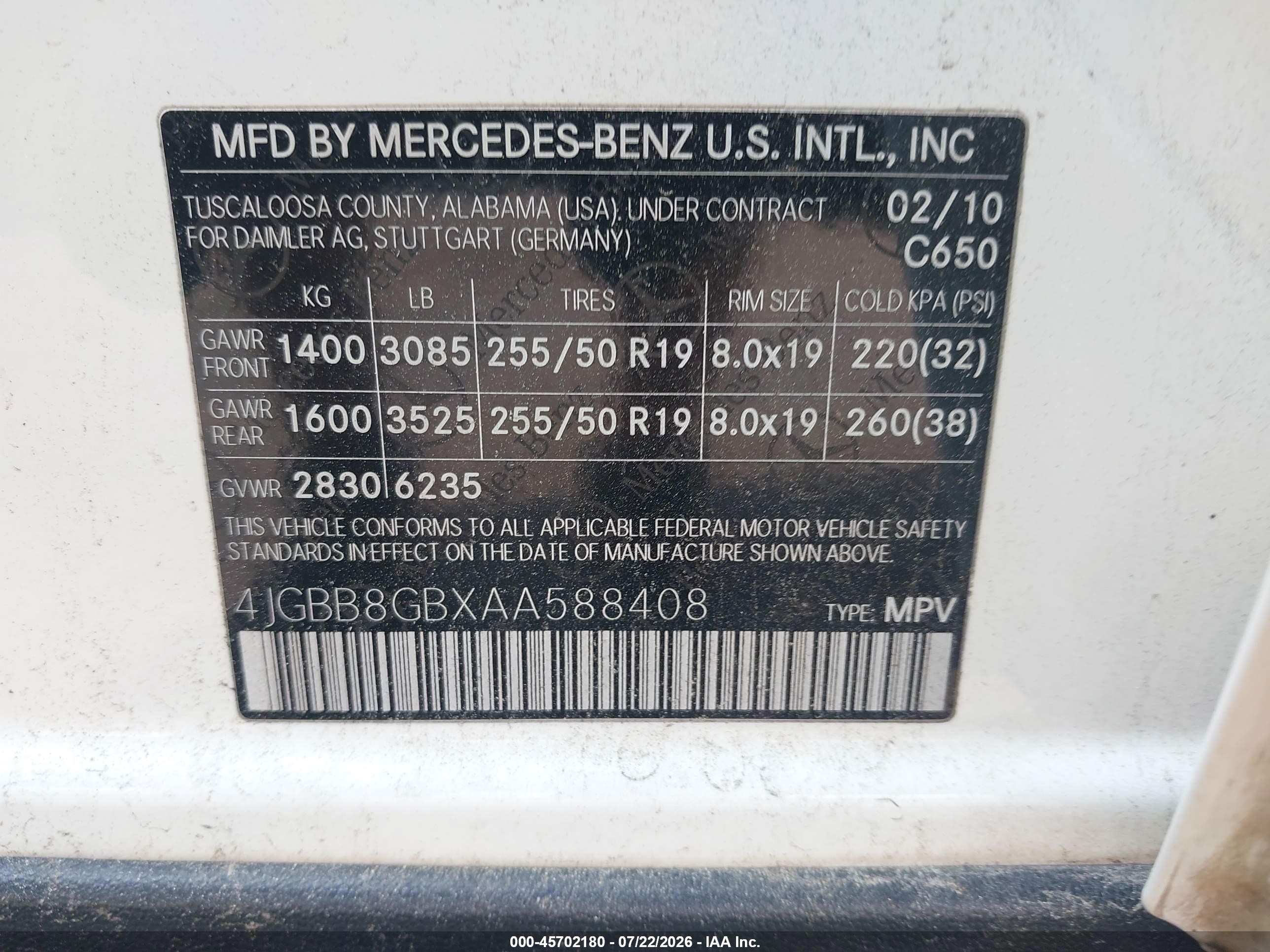 2010 MERCEDES-BENZ ML 350 ML350 4-MATIC