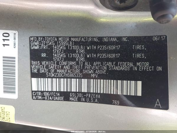 2017 TOYOTA SIENNA LE 8 PASSENGER