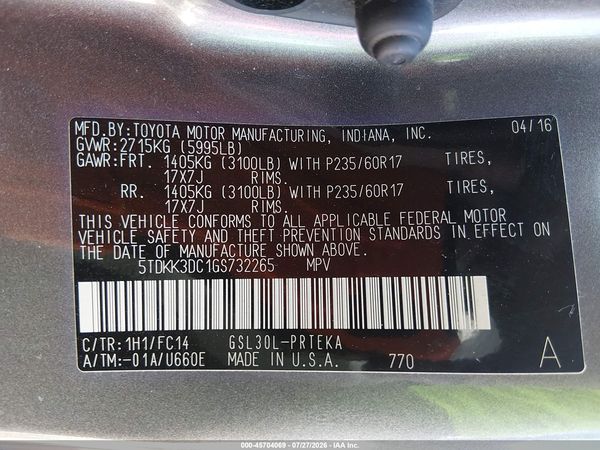 2016 TOYOTA SIENNA LE 8 PASSENGER