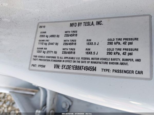 2019 TESLA MODEL 3 LONG RANGE/PERFORMANCE