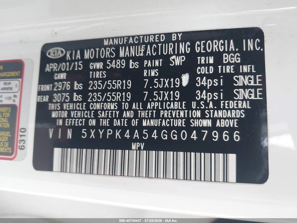 2016 KIA SORENTO 3.3L SX