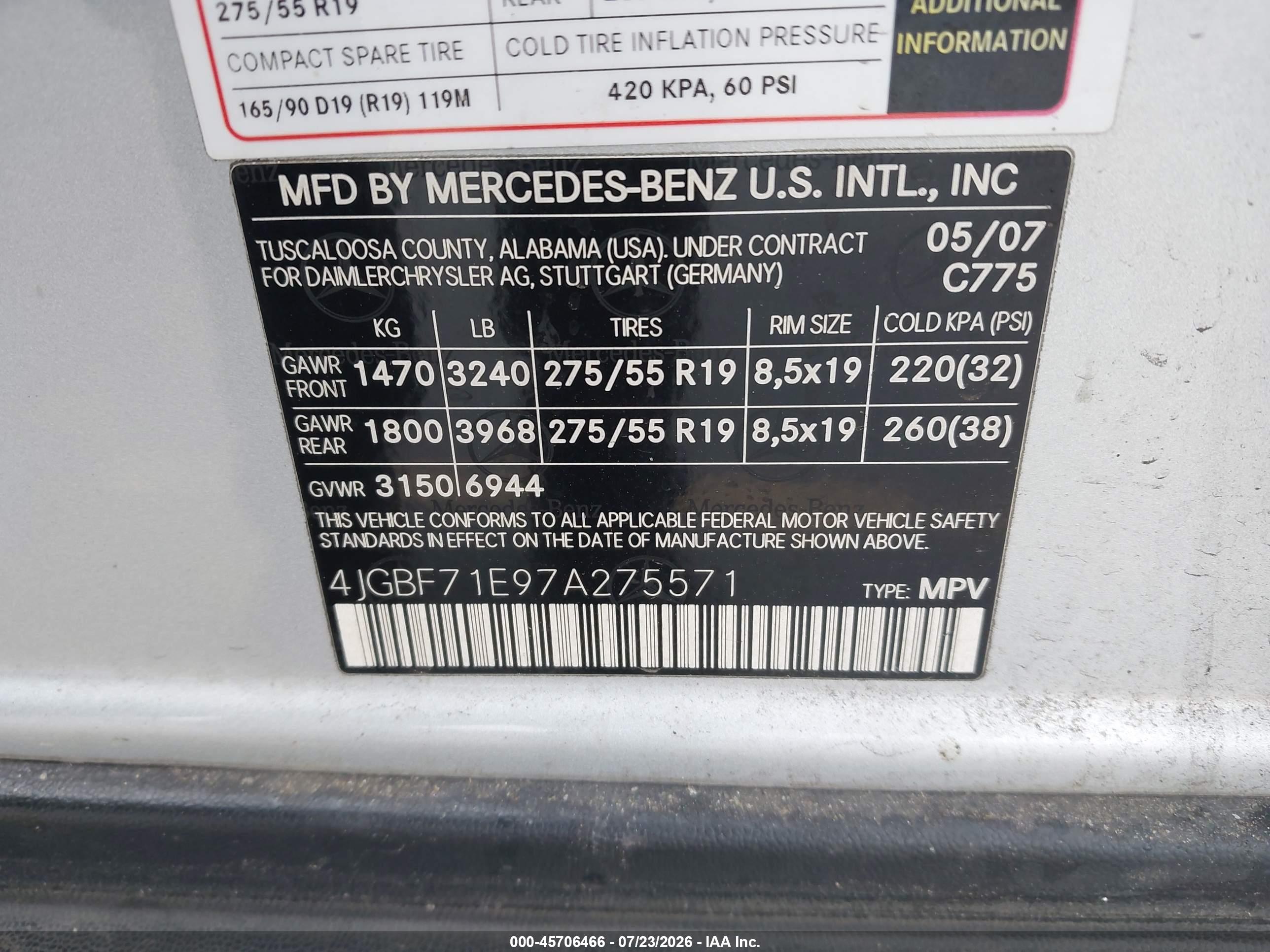 2007 MERCEDES-BENZ GL 450 GL450 4-MATIC