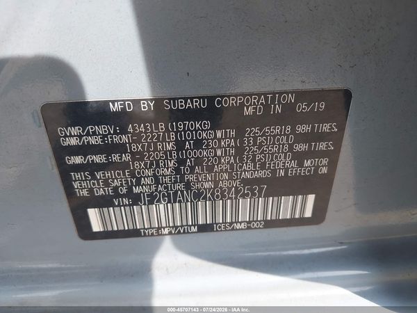 2019 SUBARU CROSSTREK 2.0I LIMITED
