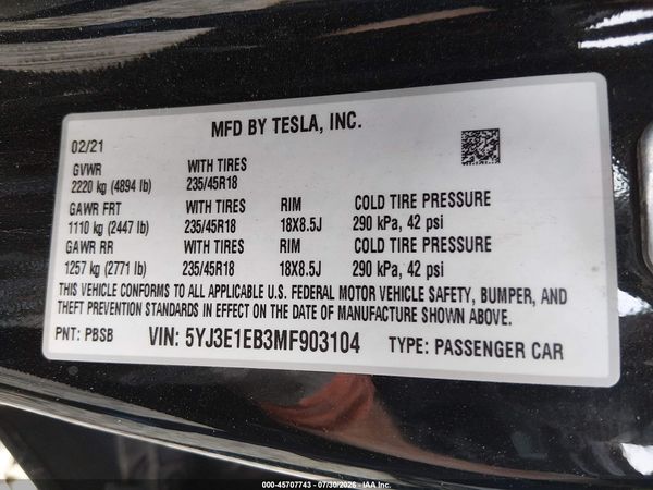 2021 TESLA MODEL 3