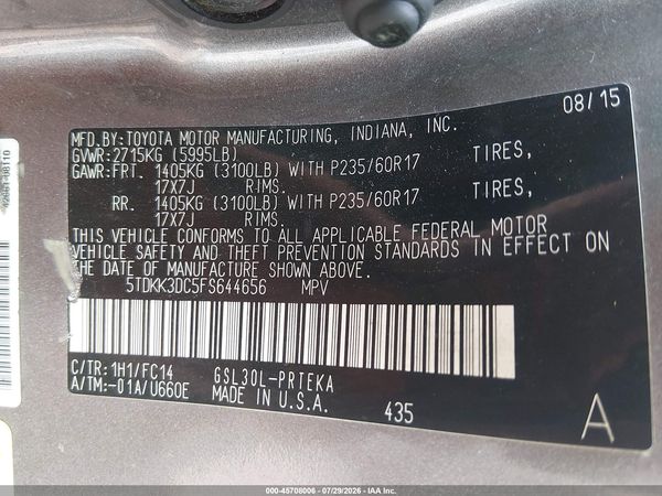 2015 TOYOTA SIENNA LE 8 PASSENGER