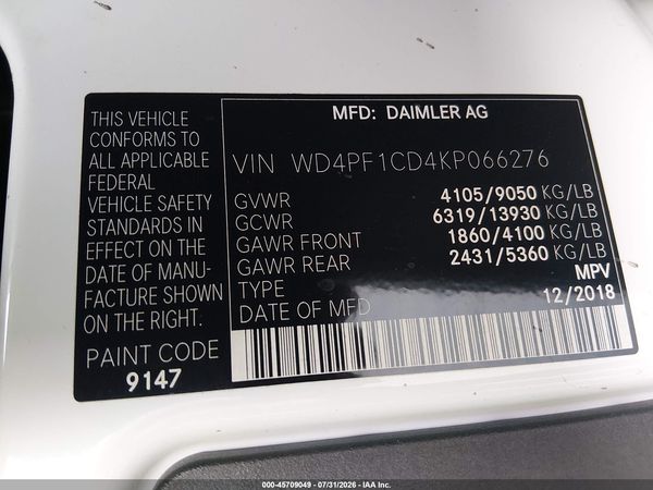 2019 MERCEDES-BENZ SPRINTER 2500 HIGH ROOF V6