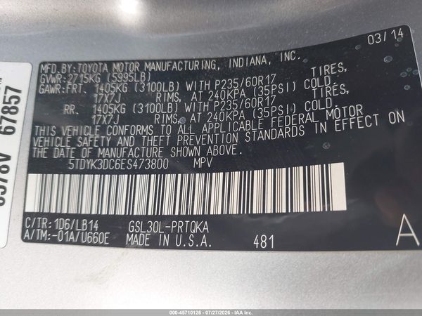 2014 TOYOTA SIENNA XLE V6 8 PASSENGER — I9