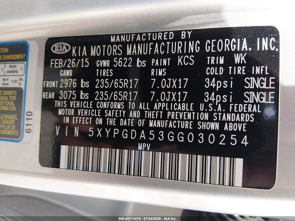 2016 KIA SORENTO 3.3L LX