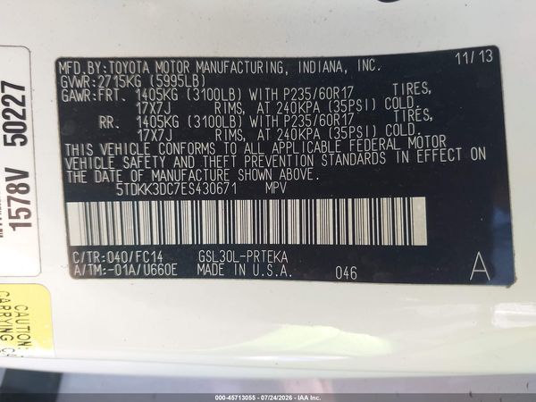 2014 TOYOTA SIENNA LE V6 8 PASSENGER