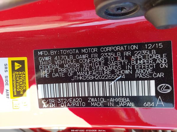 2016 LEXUS CT 200H