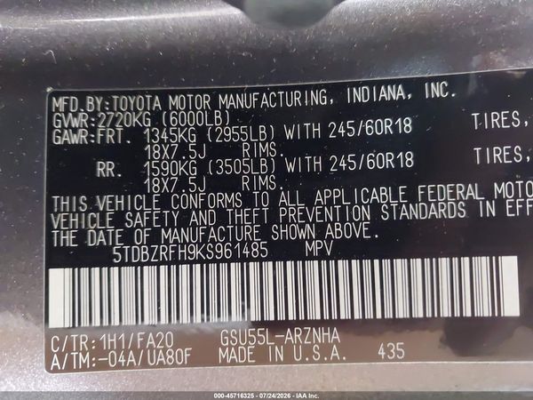 2019 TOYOTA HIGHLANDER LE PLUS