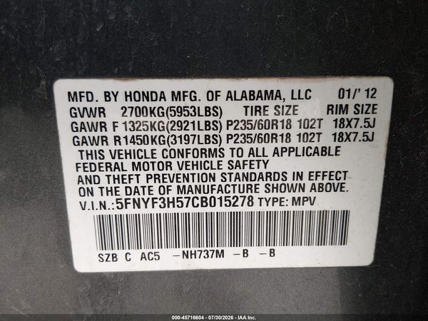 2012 HONDA PILOT EX-L